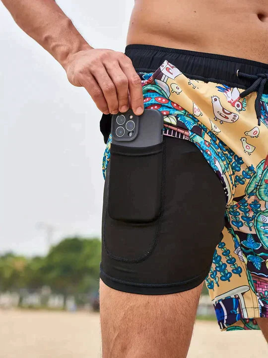 Bañadores de Hombre – Bañador Deportivo Azul Marino con Forro de Compresión y Estampado de Palmeras