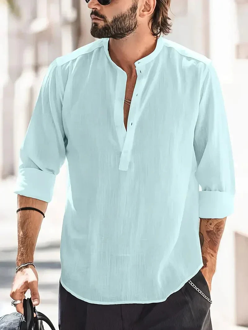 Camisa Henley de Lino de Hombre Momount – Manga Larga y Cuello Mao