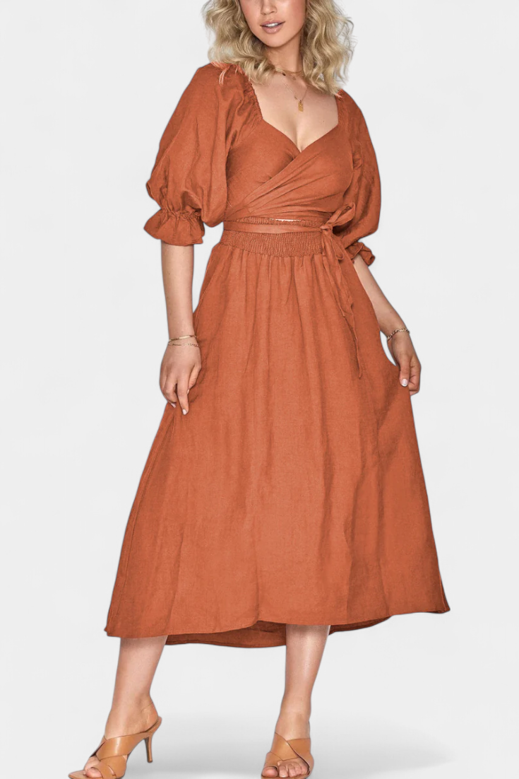 Marcellina | Vestido Midi Boho con Escote en V, Fruncido y Mangas Abullonadas