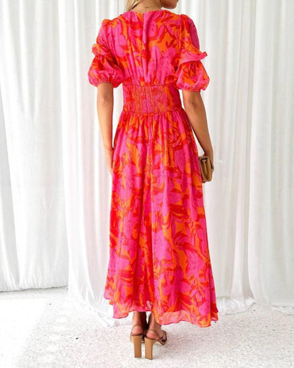Vestido Largo (Maxi) de Manga Abullonada – Estampado y Escote en V con Caída Fluida