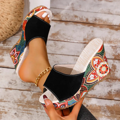 Sandalias de Cuña de Mujer – Ante Estampado Floral Plataforma Slide Boho