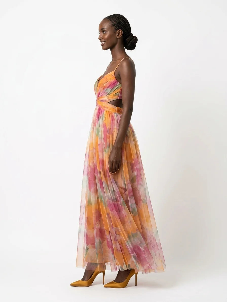 Aria Fitted Bodice Maxi Dress | V-Neck, Pleated Skirt - Orange - side