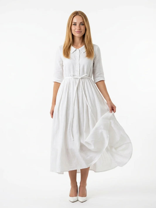 Hazel Tie-Waist Midi Dress | Button Front, V-Neck, Casual - White - front