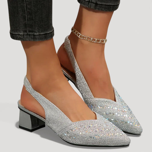 Momount Mujer Salones Slingback – Pedrería Puntera Puntiaguda Tacón Cuadrado Bajo Escote V