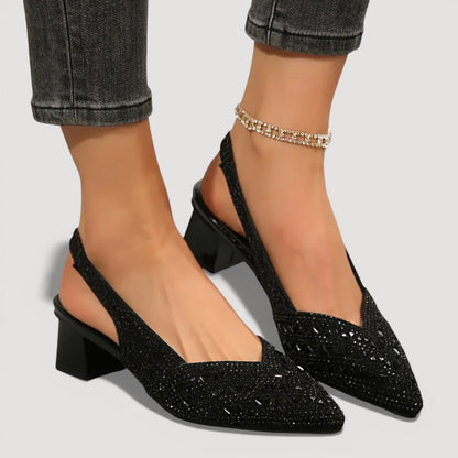 Momount Mujer Salones Slingback – Pedrería Puntera Puntiaguda Tacón Cuadrado Bajo Escote V