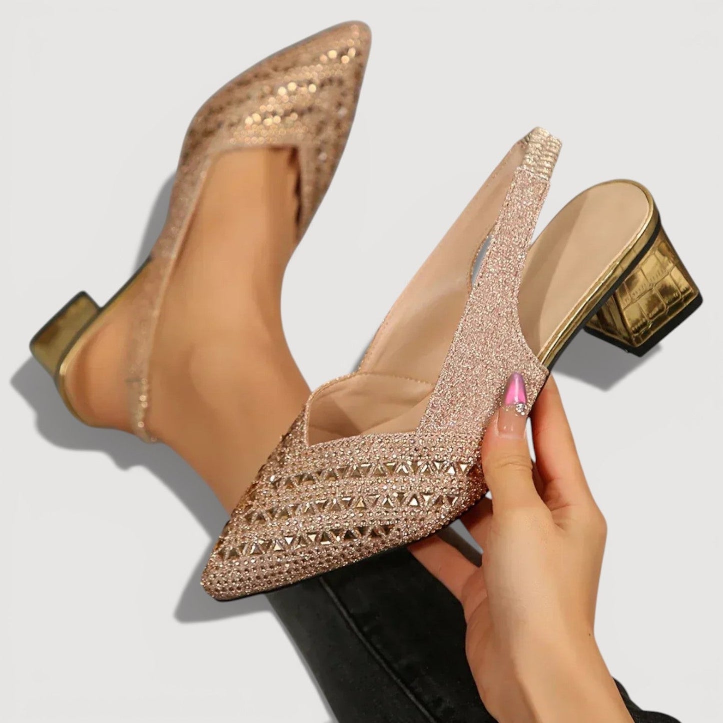 Momount Mujer Salones Slingback – Pedrería Puntera Puntiaguda Tacón Cuadrado Bajo Escote V