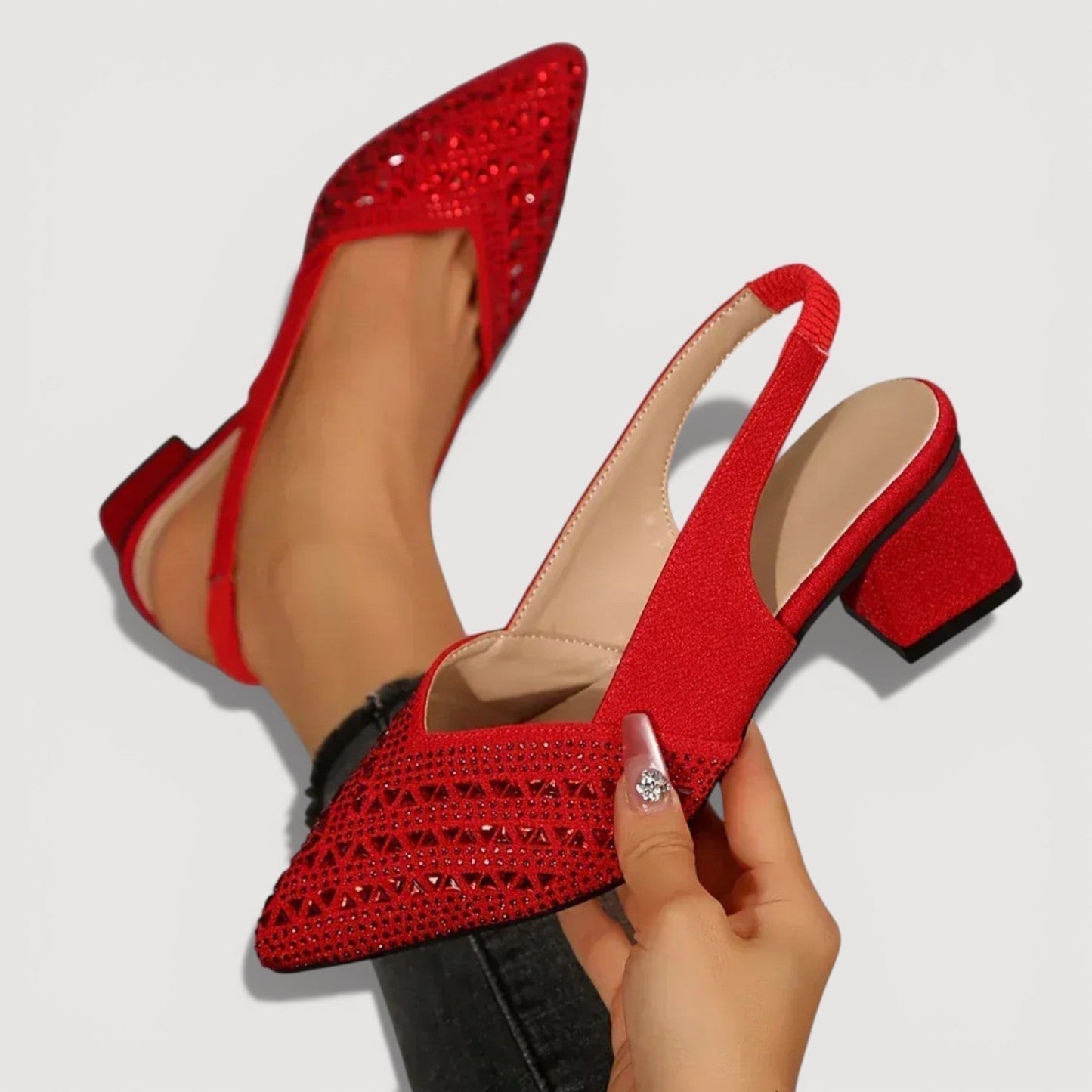 Momount Mujer Salones Slingback – Pedrería Puntera Puntiaguda Tacón Cuadrado Bajo Escote V