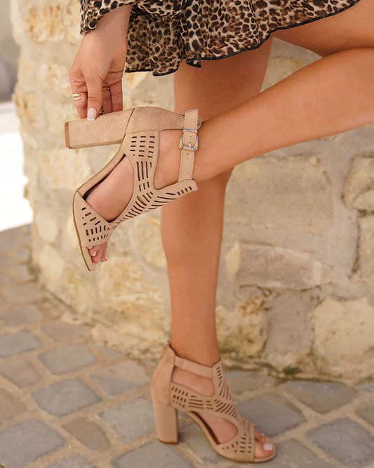 Momount Women Block Heel Sandals – Beige Suede Laser-Cut Ankle Strap
