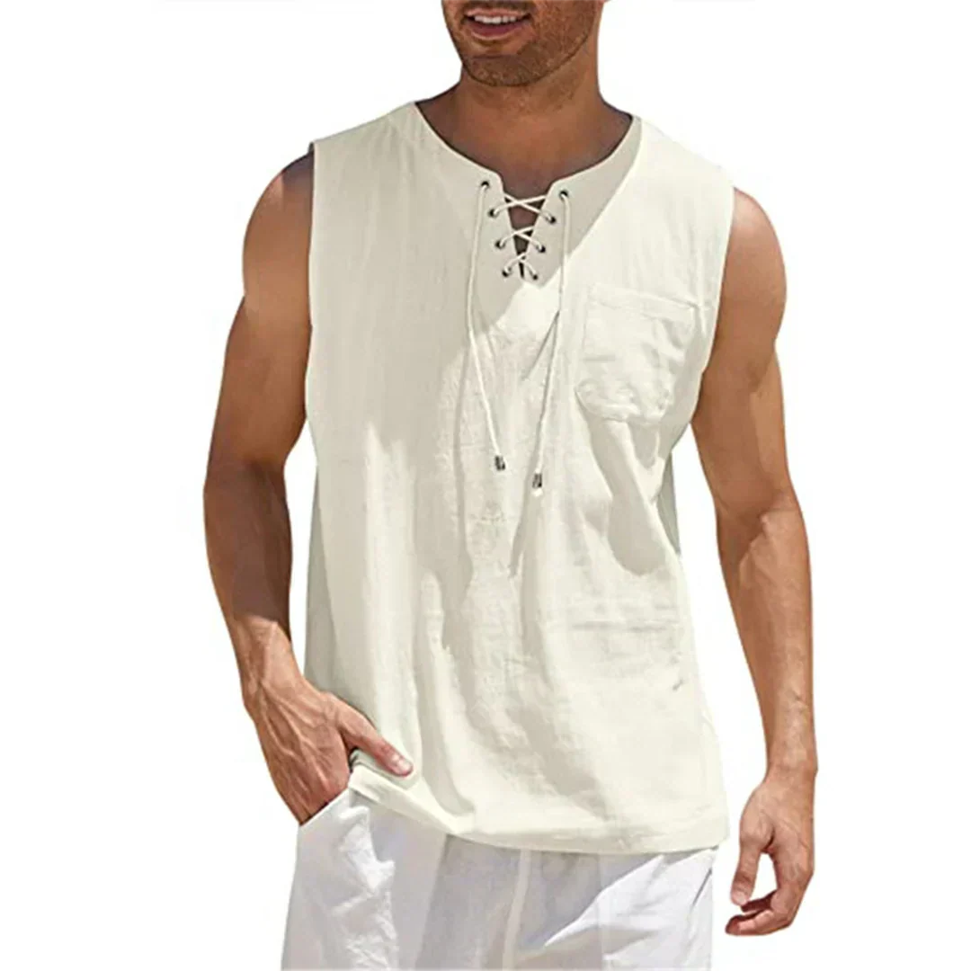 Camiseta de Tirantes de Lino de Hombre Momount – Cuello en V con Cordones de Playa