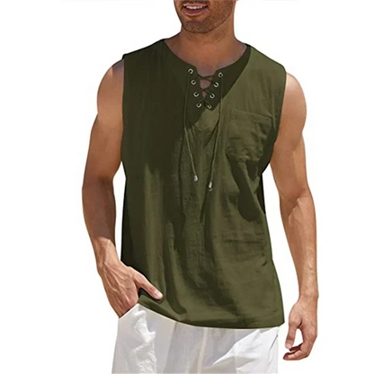 Camiseta de Tirantes de Lino de Hombre Momount – Cuello en V con Cordones de Playa