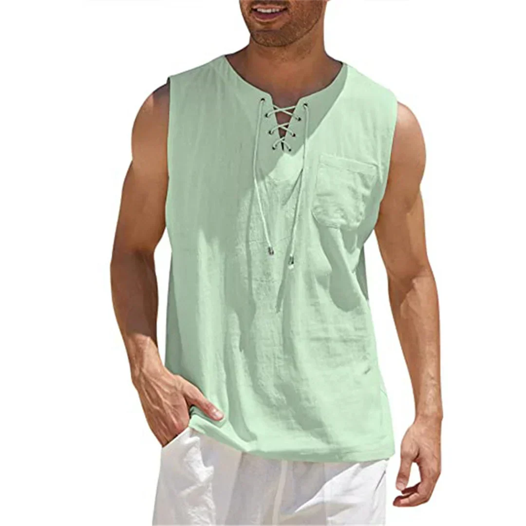 Camiseta de Tirantes de Lino de Hombre Momount – Cuello en V con Cordones de Playa