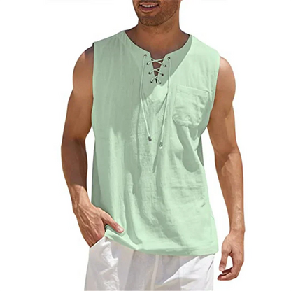 Camiseta de Tirantes de Lino de Hombre Momount – Cuello en V con Cordones de Playa