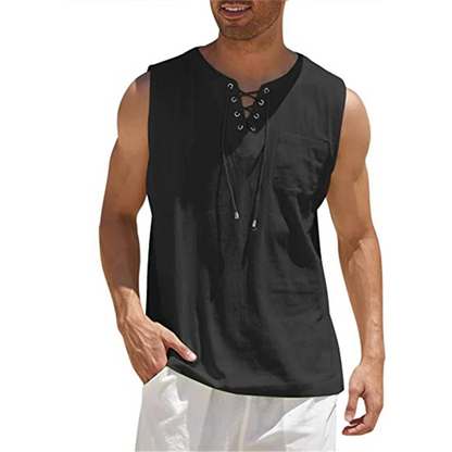 Camiseta de Tirantes de Lino de Hombre Momount – Cuello en V con Cordones de Playa