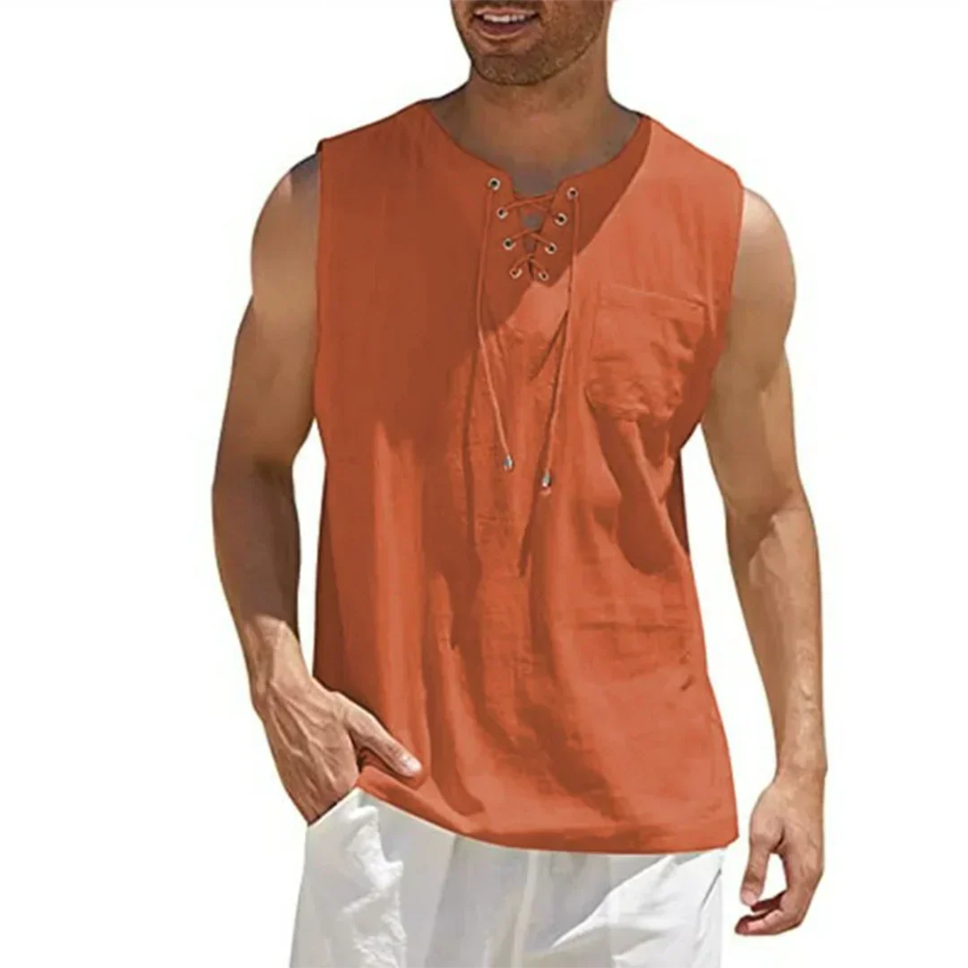Camiseta de Tirantes de Lino de Hombre Momount – Cuello en V con Cordones de Playa