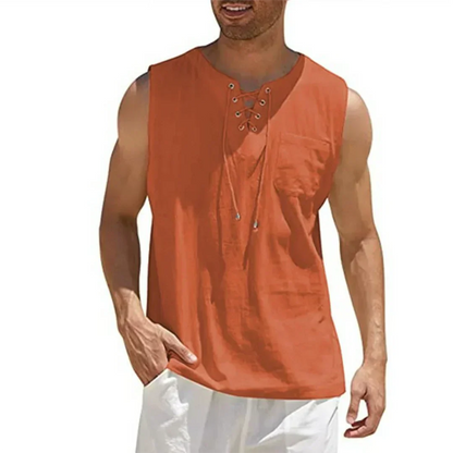 Camiseta de Tirantes de Lino de Hombre Momount – Cuello en V con Cordones de Playa