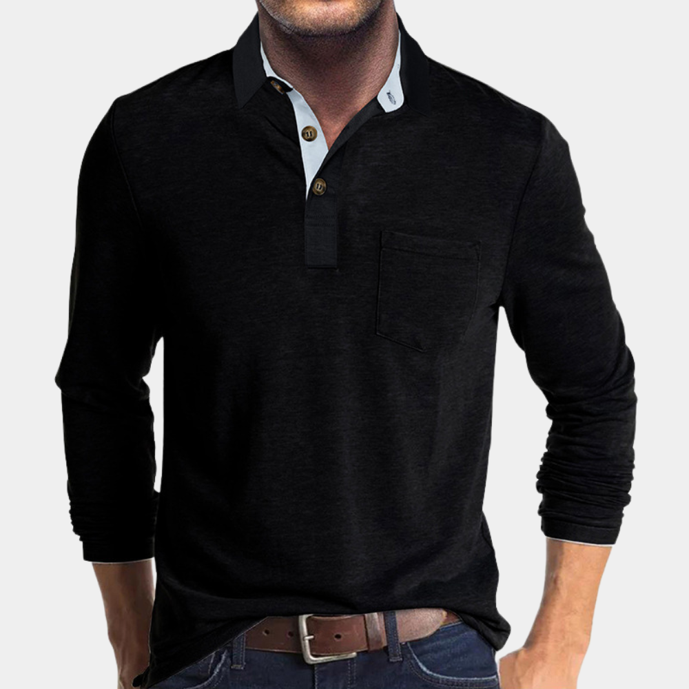 Polo de Manga Larga de Hombre Momount – Cuello en Contraste con Bolsillo Classic Fit