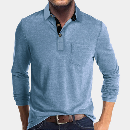 Polo de Manga Larga de Hombre Momount – Cuello en Contraste con Bolsillo Classic Fit