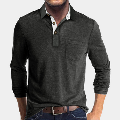 Polo de Manga Larga de Hombre Momount – Cuello en Contraste con Bolsillo Classic Fit
