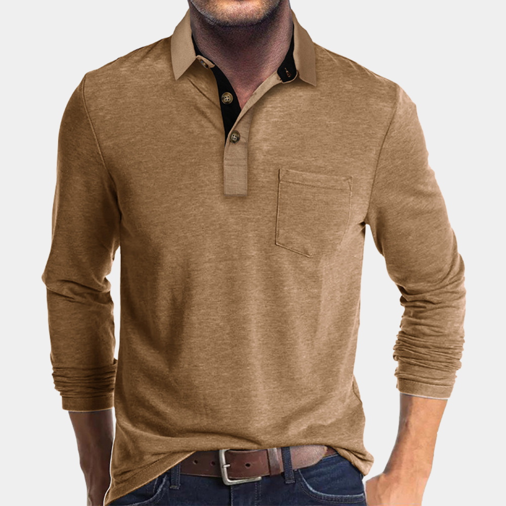 Polo de Manga Larga de Hombre Momount – Cuello en Contraste con Bolsillo Classic Fit