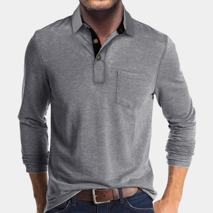 Polo de Manga Larga de Hombre Momount – Cuello en Contraste con Bolsillo Classic Fit