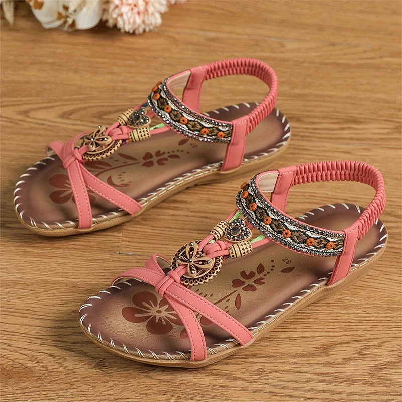 Sandalias Slingback de Mujer – Planas Boho Verde Azulado con Cuentas y Strass