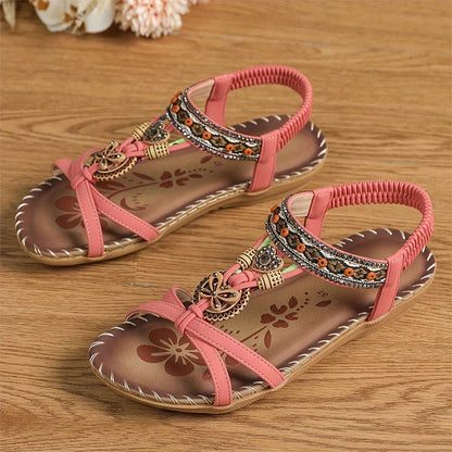 Sandalias Slingback de Mujer – Planas Boho Verde Azulado con Cuentas y Strass
