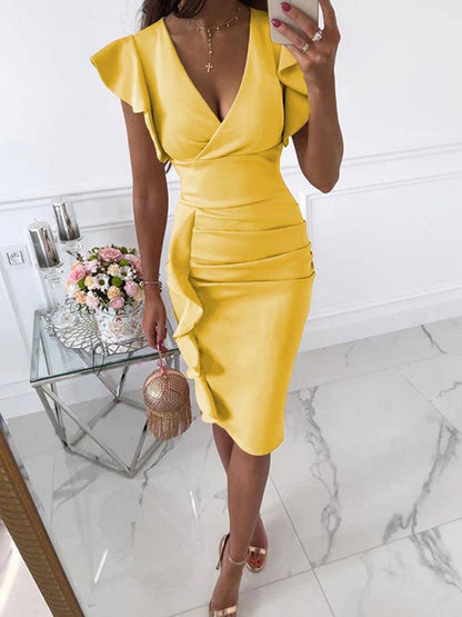 Octavia | Vestido Midi Bodycon con Volantes y Escote en V – Elegante