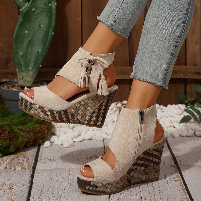 Sandalias de Cuña de Mujer – Ante Tejido Lazo Plataforma Alta Boho