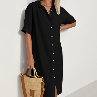 Vestido Camisero de Lino de Mujer Momount – Manga Corta Midi Relajado