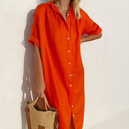 Vestido Camisero de Lino de Mujer Momount – Manga Corta Midi Relajado