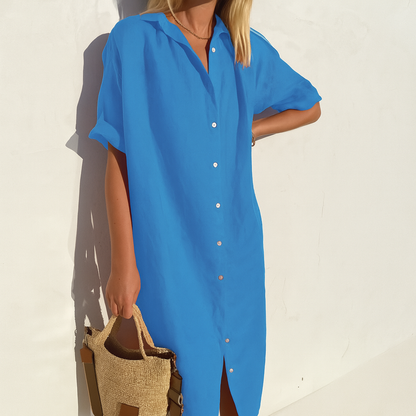 Vestido Camisero de Lino de Mujer Momount – Manga Corta Midi Relajado
