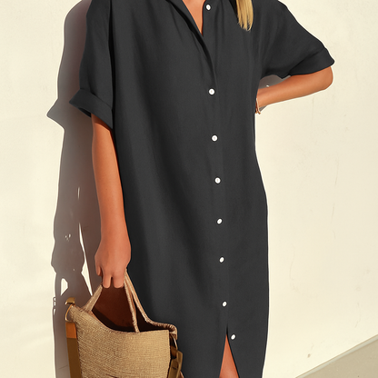 Vestido Camisero de Lino de Mujer Momount – Manga Corta Midi Relajado