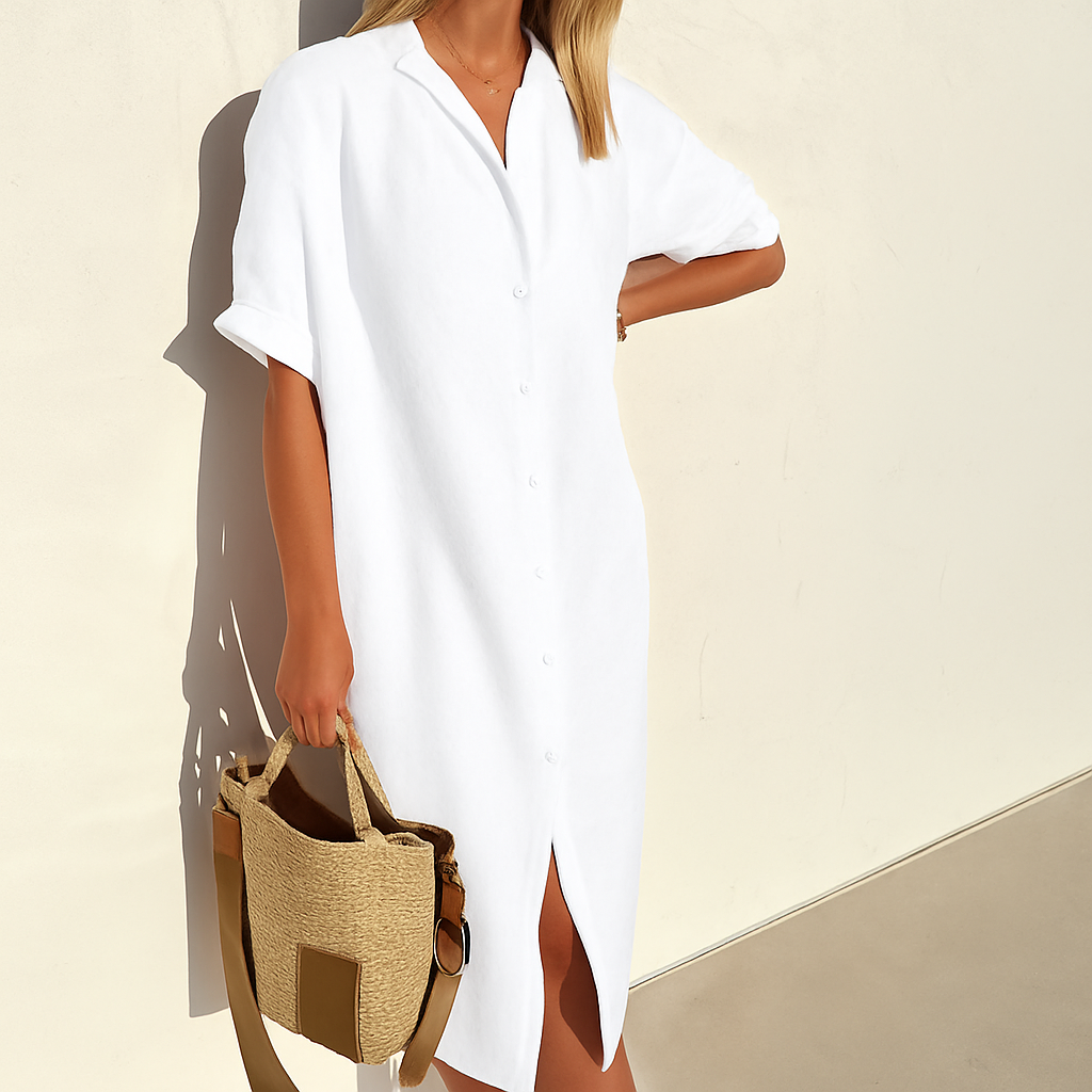 Vestido Camisero de Lino de Mujer Momount – Manga Corta Midi Relajado
