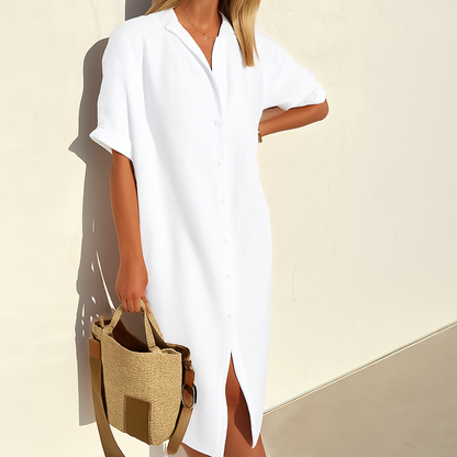 Vestido Camisero de Lino de Mujer Momount – Manga Corta Midi Relajado