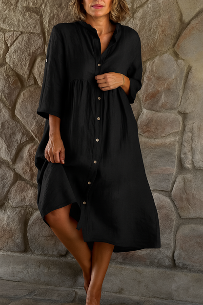 Vestido Camisero de Algodón y Lino de Mujer Momount – Escote en V y Manga 3/4
