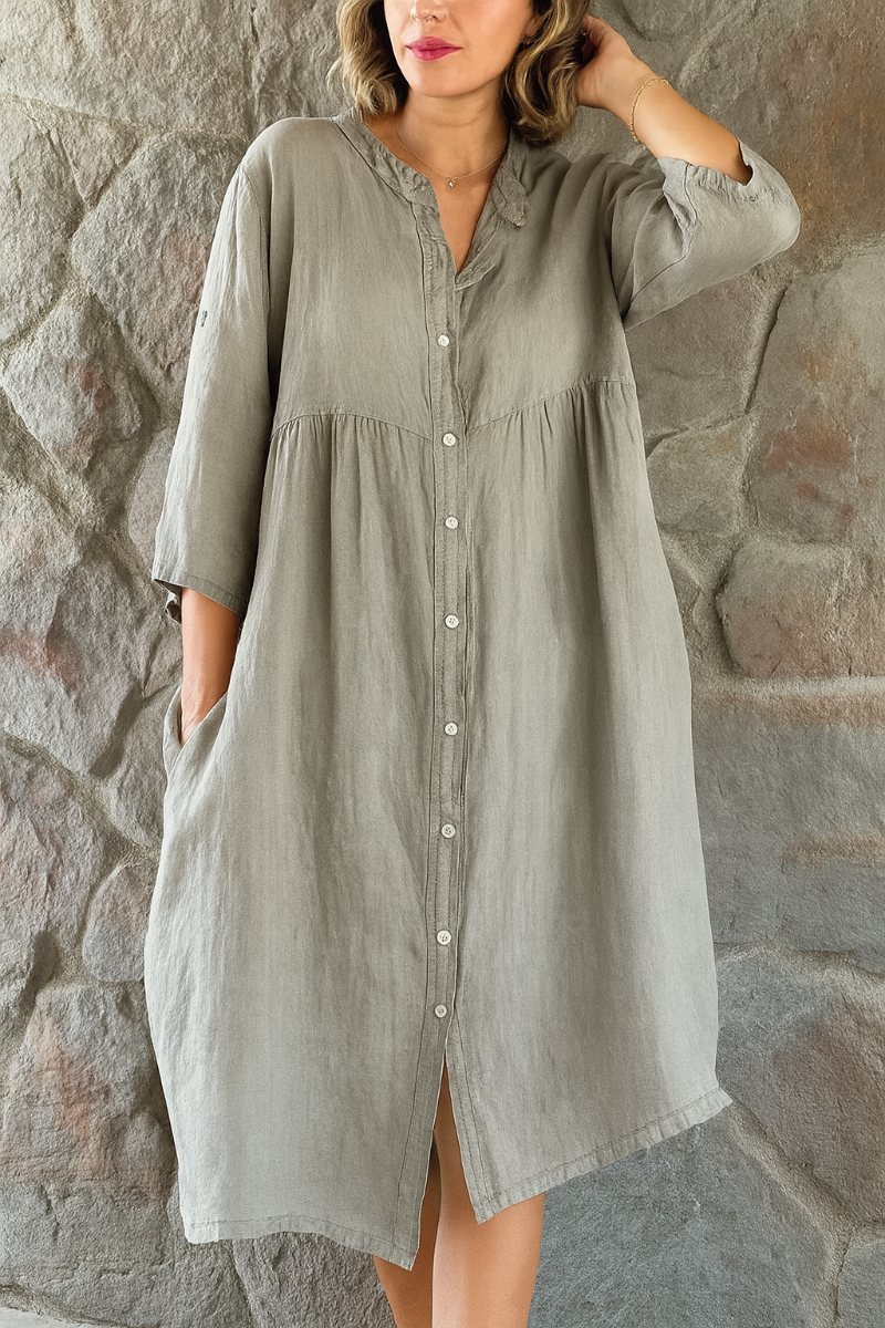 Vestido Camisero de Algodón y Lino de Mujer Momount – Escote en V y Manga 3/4