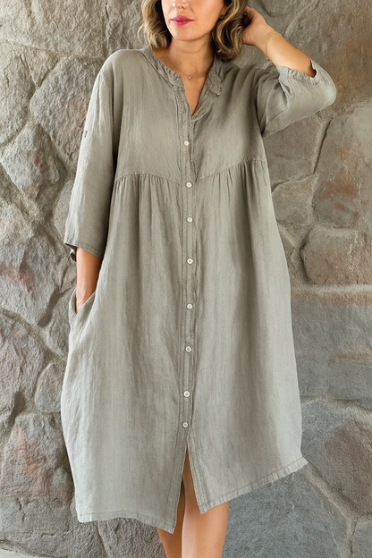 Vestido Camisero de Algodón y Lino de Mujer Momount – Escote en V y Manga 3/4
