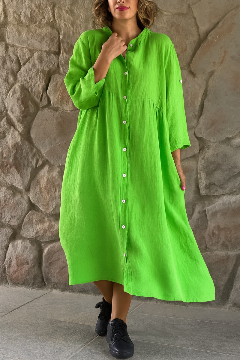 Vestido Camisero de Algodón y Lino de Mujer Momount – Escote en V y Manga 3/4