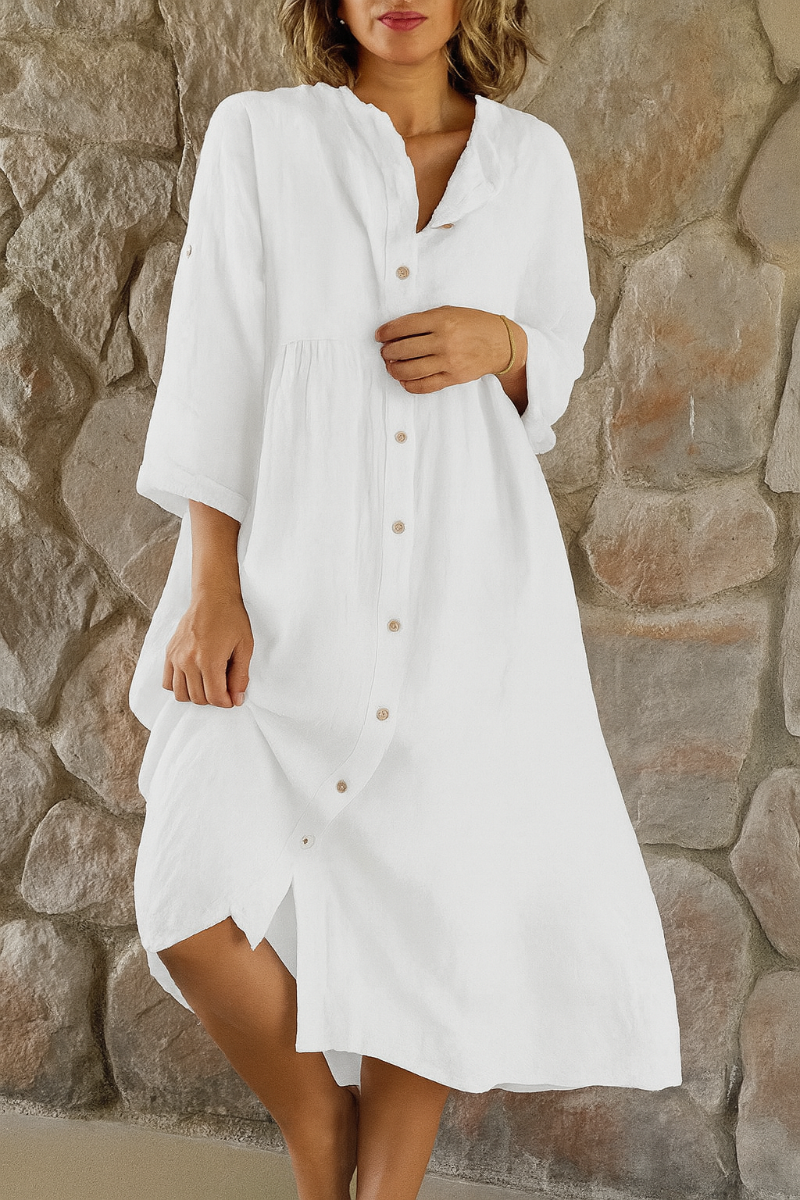 Vestido Camisero de Algodón y Lino de Mujer Momount – Escote en V y Manga 3/4