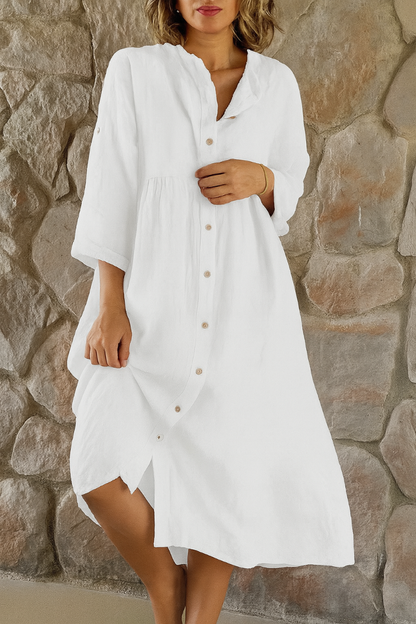 Vestido Camisero de Algodón y Lino de Mujer Momount – Escote en V y Manga 3/4