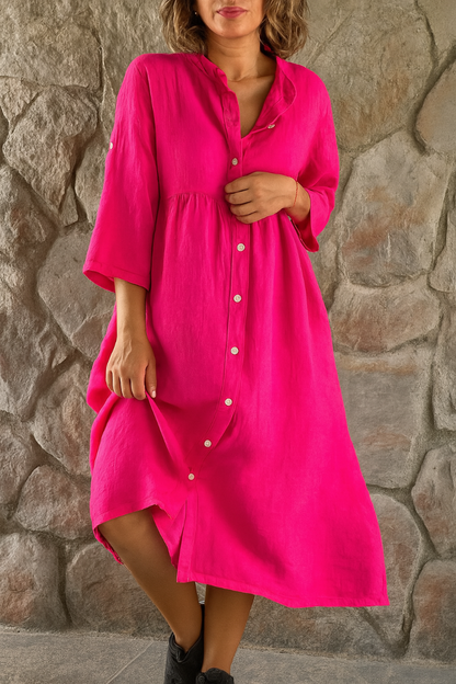 Vestido Camisero de Algodón y Lino de Mujer Momount – Escote en V y Manga 3/4