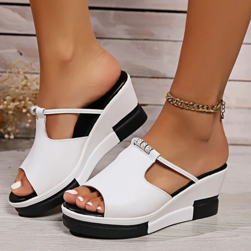 Momount Mujer Sandalias de Cuña – Cuero T-Bar Recortes Punta Abierta Plataforma Slide