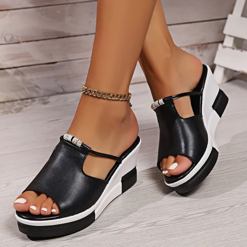 Momount Mujer Sandalias de Cuña – Cuero T-Bar Recortes Punta Abierta Plataforma Slide