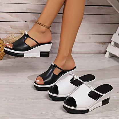 Momount Mujer Sandalias de Cuña – Cuero T-Bar Recortes Punta Abierta Plataforma Slide
