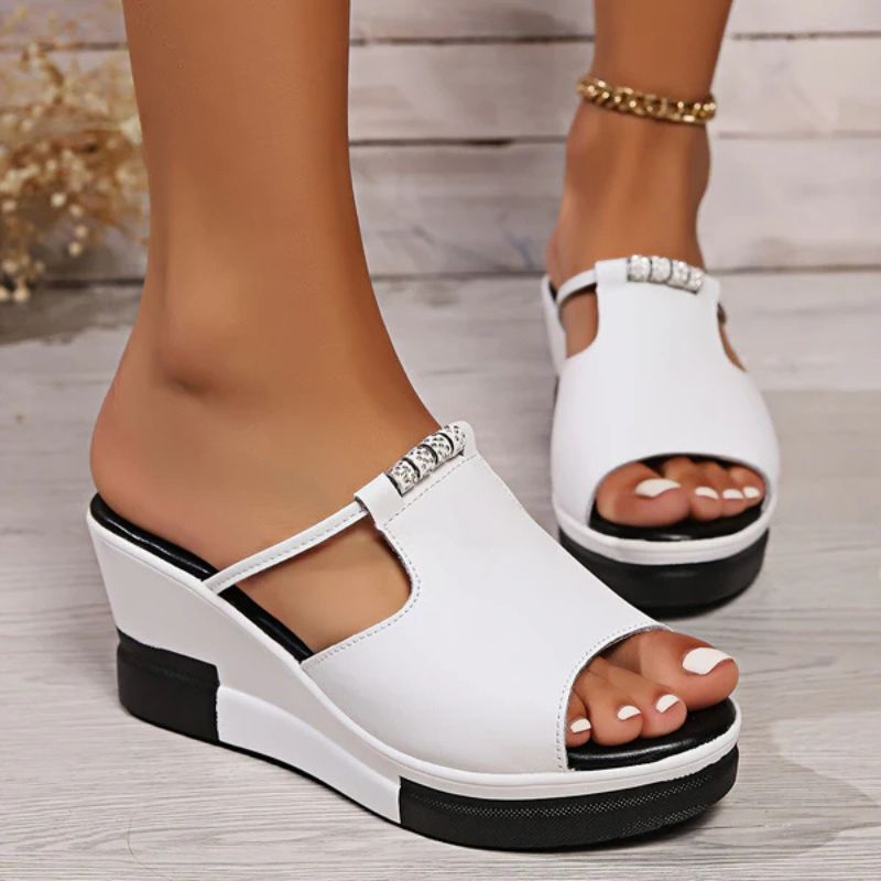 Momount Mujer Sandalias de Cuña – Cuero T-Bar Recortes Punta Abierta Plataforma Slide
