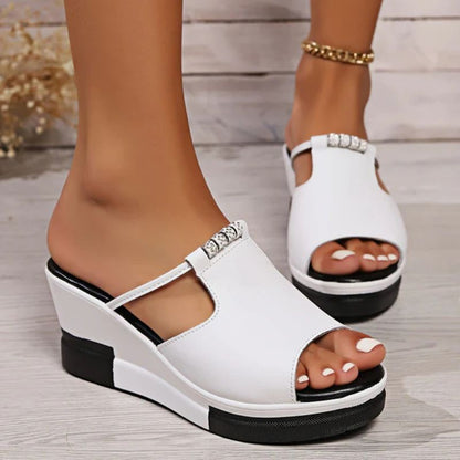 Momount Mujer Sandalias de Cuña – Cuero T-Bar Recortes Punta Abierta Plataforma Slide