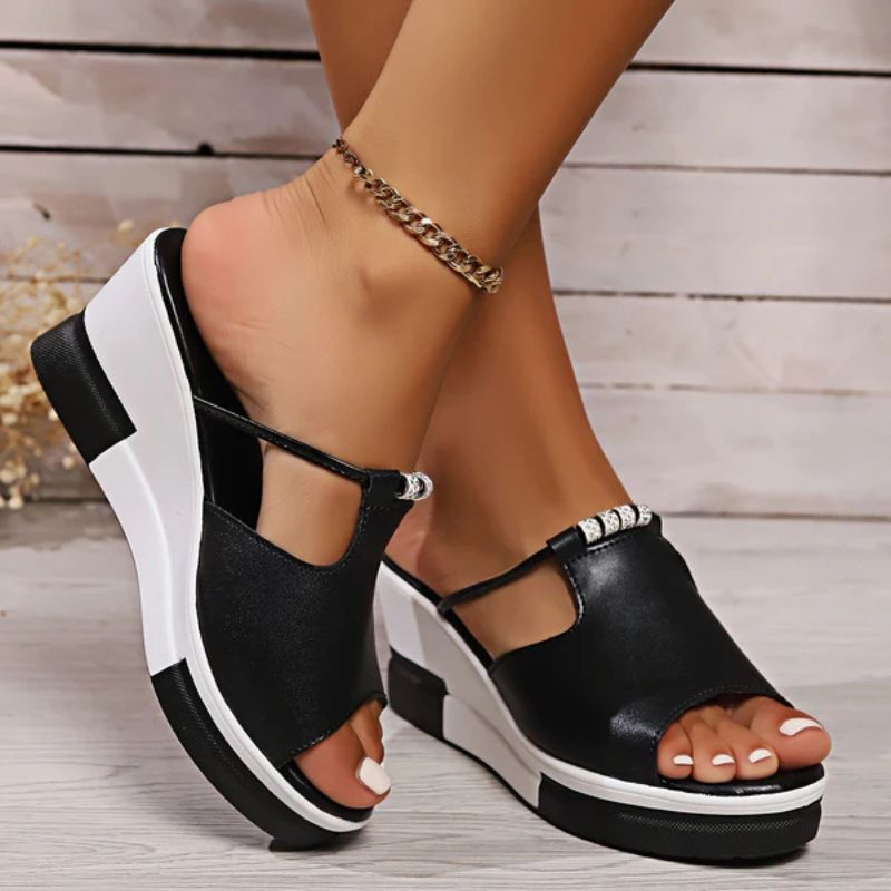 Momount Mujer Sandalias de Cuña – Cuero T-Bar Recortes Punta Abierta Plataforma Slide