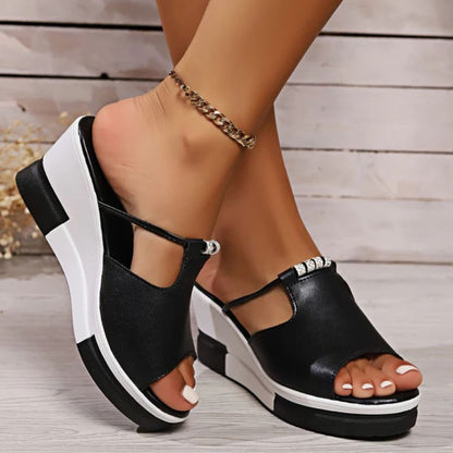 Momount Mujer Sandalias de Cuña – Cuero T-Bar Recortes Punta Abierta Plataforma Slide