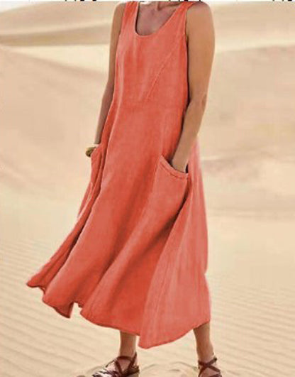 Melisande | Vestido Largo de Lino con Cuello Redondo – Vaporoso y Elegante