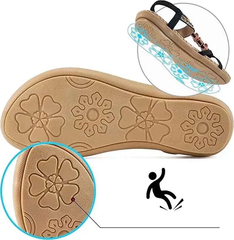 Sandalias Slingback de Mujer – Planas Boho Verde Azulado con Cuentas y Strass